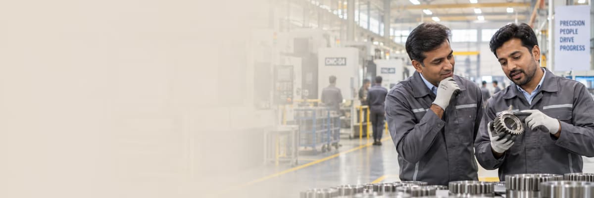 A supervisor and a machinist in work jackets examining a finished gear together on a shop floor lined with CNC machines