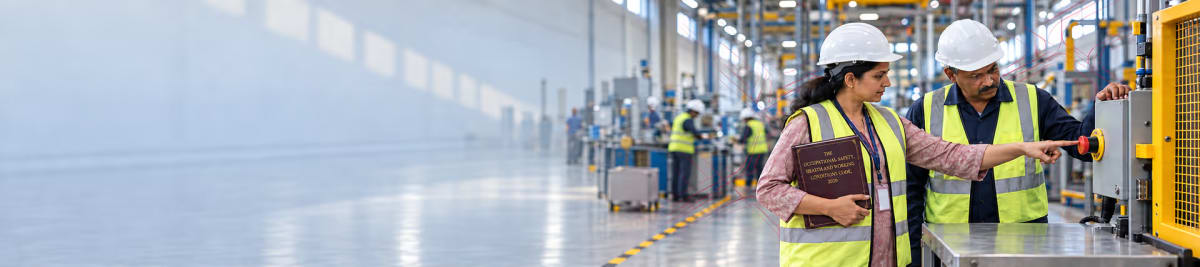 Two employees in high-visibility vests on a factory floor, one holding a copy of the Occupational Safety, Health and Working Conditions Code, the other at a machine control