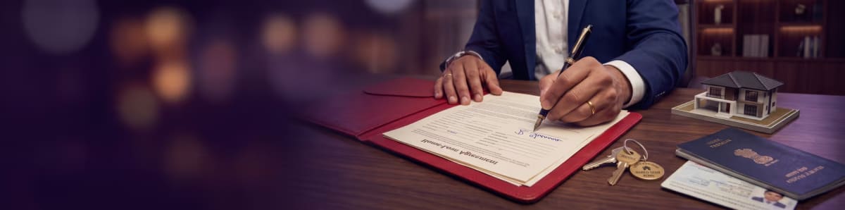 A borrower signs a home-loan agreement at a desk beside house keys, a model house and an Indian passport
