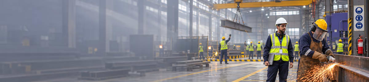 A safety officer holding a tablet standing beside a worker in a face shield grinding a steel beam, with an overhead crane and other workers in the fabrication shop behind