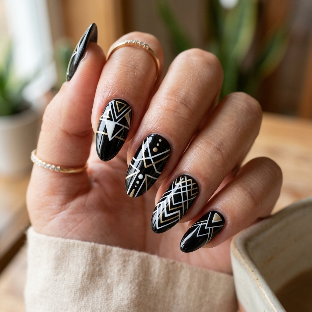 Geometric Black Nails