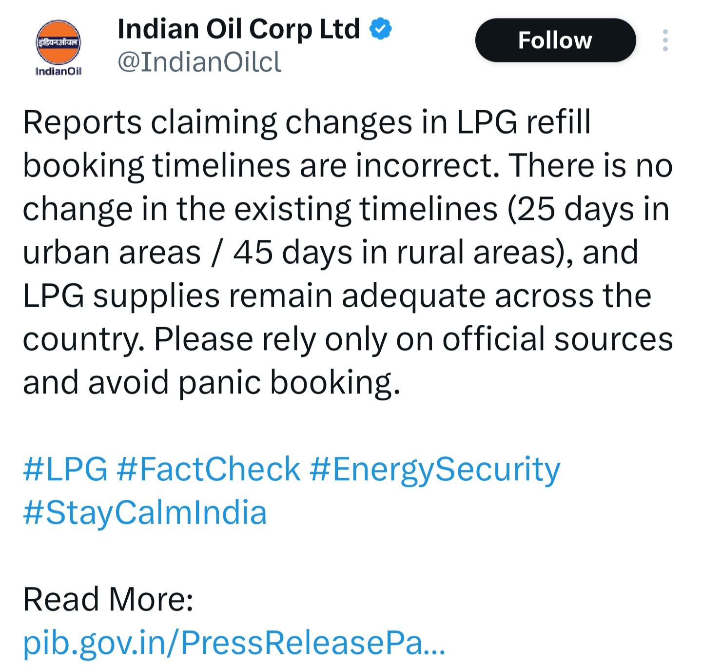 सरकार ने LPG बुकिंग नियमों में बदलाव की खबरों को बताया गलत, 25 दिन में बुक कर सकेंगे दूसरा सिलेंडर, IOCL ने किया पोस्ट