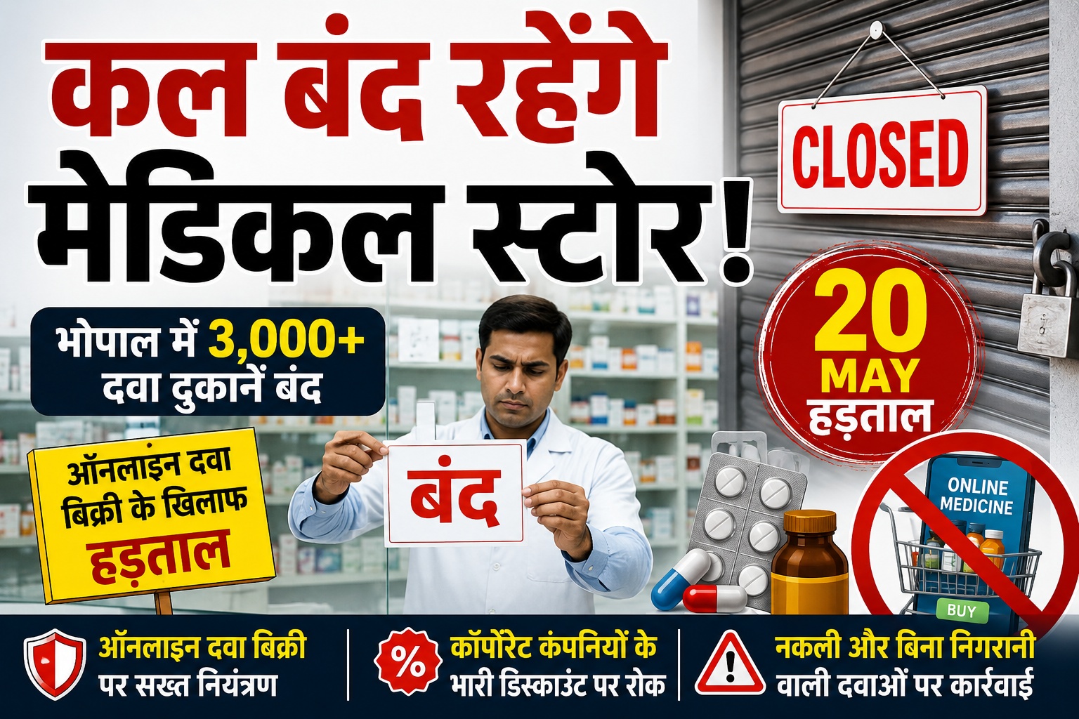 MP में कल मेडिकल स्टोर बंद: भोपाल की 3 हजार दवा दुकानें नहीं खुलेंगी