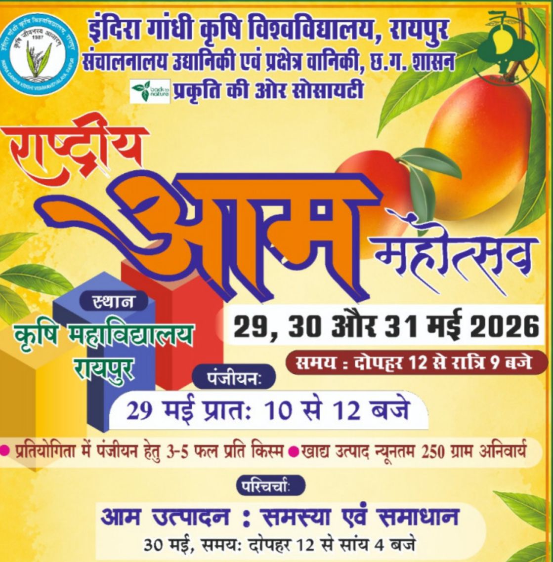 रायपुर कृषि विश्वविद्यालय में राष्ट्रीय आम महोत्सव 29 से 31 मई तक, आम की 250 से अधिक किस्में दिखेगीं
