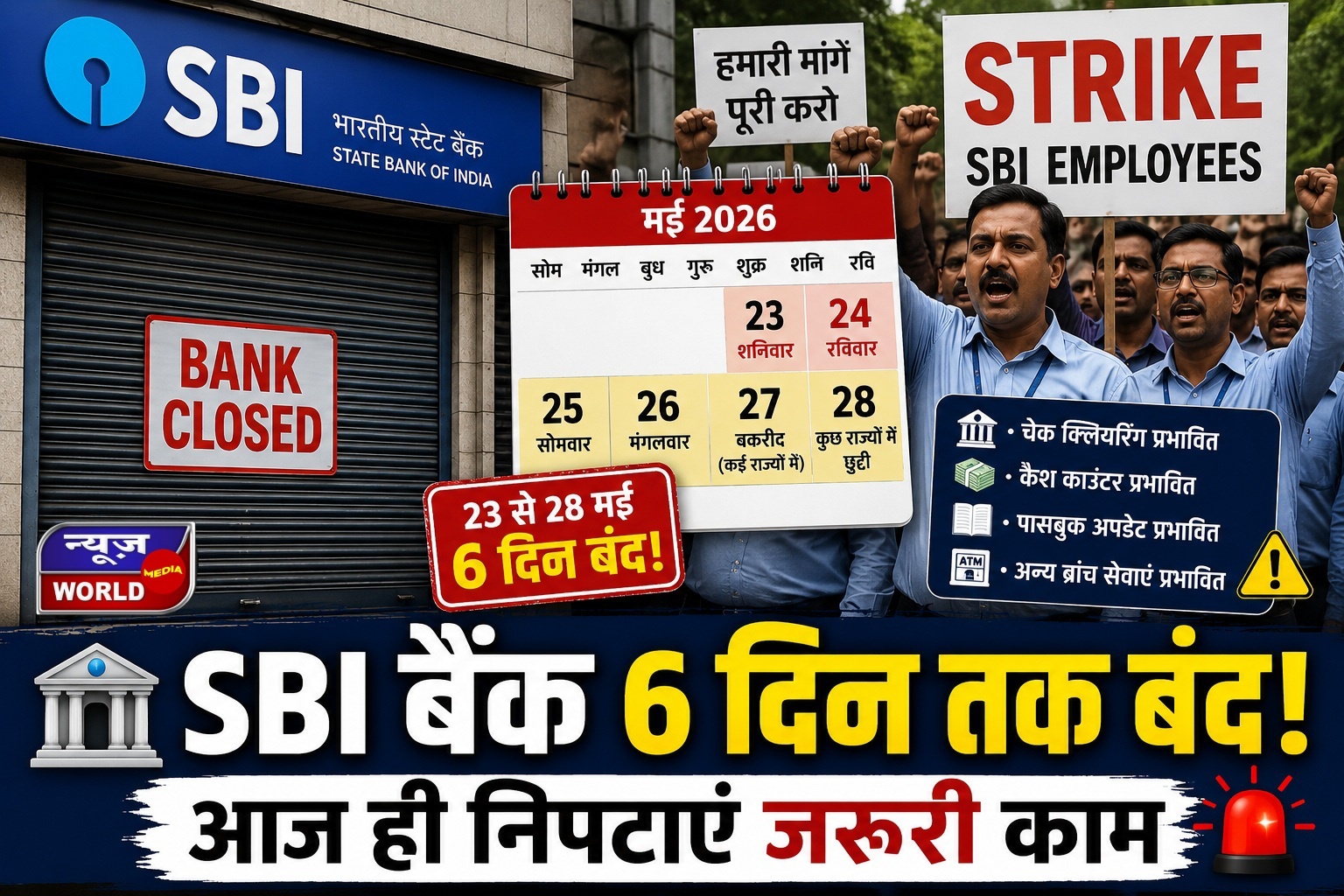 SBI ग्राहकों के लिए जरूरी खबर, 23 से 28 मई तक लगातार 6 दिन बंद रह सकती हैं ब्रांच, आज ही निपटा लें बैंक के काम