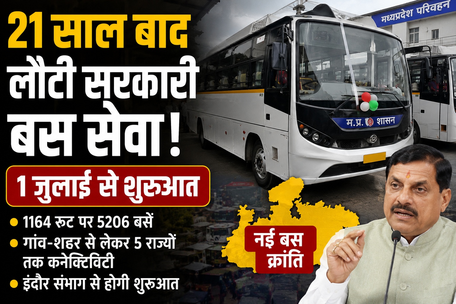 मोहन सरकार का बड़ा फैसला! 21 साल बाद फिर दौड़ेंगी सरकारी बसें, 1 जुलाई से 5206 बसें सड़कों पर, लाखों यात्रियों को राहत
