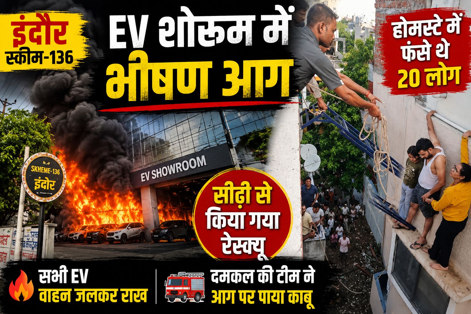 इंदौर में EV शोरूम में भड़की भीषण आग, ऊपर धुएं से घिरे होमस्टे में फंसे थे 20 लोग, सभी का हुआ रेस्क्यू