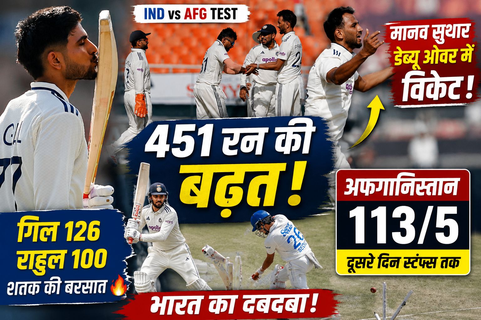 भारत vs अफगानिस्तान टेस्ट: 451 रन की बढ़त, डेब्यूटेंट मानव सुथार ने रचा इतिहास