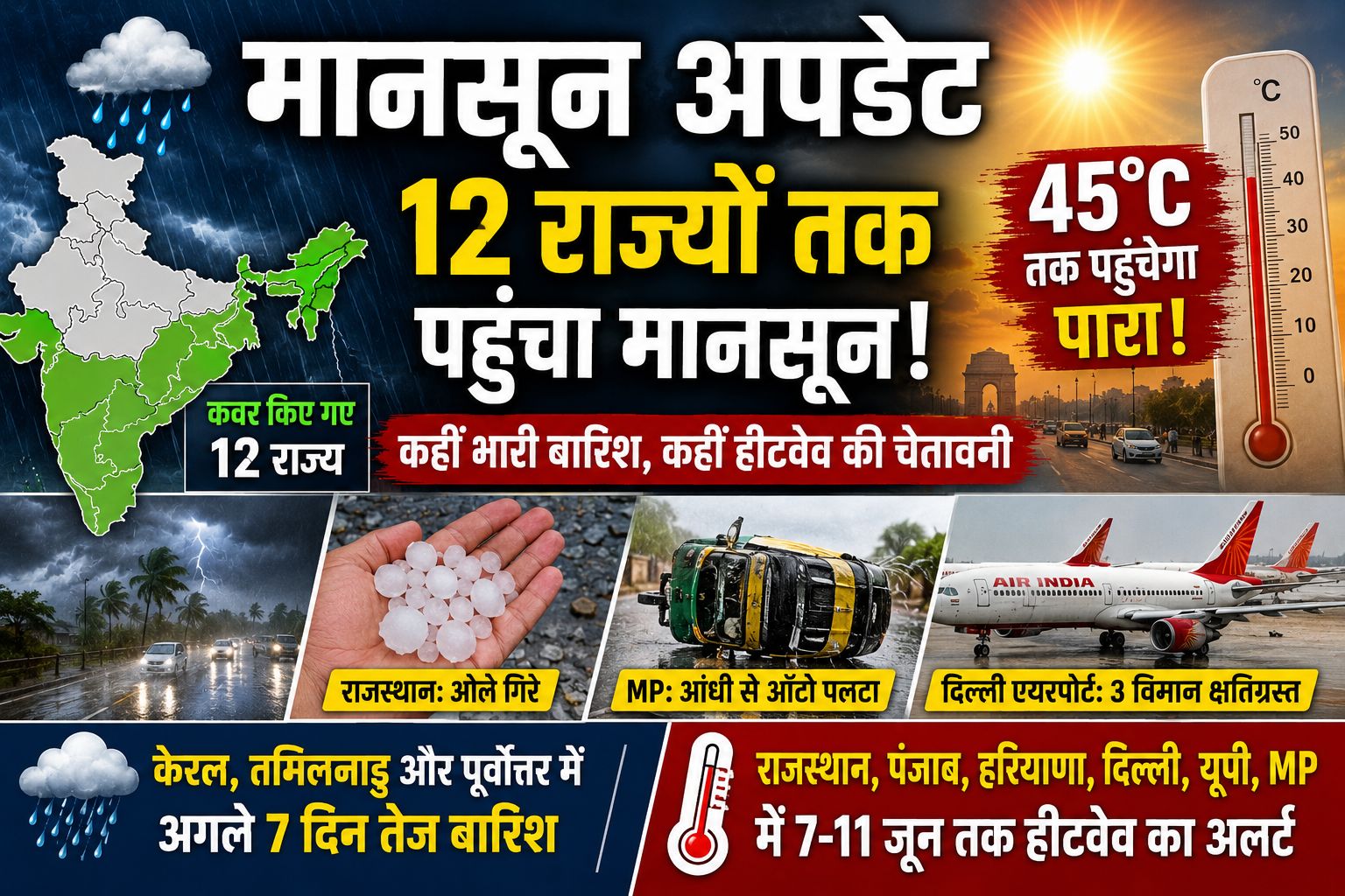 4 दिन में 12 राज्यों तक पहुंचा मानसून, कहीं मूसलाधार बारिश तो कहीं 45°C की चेतावनी