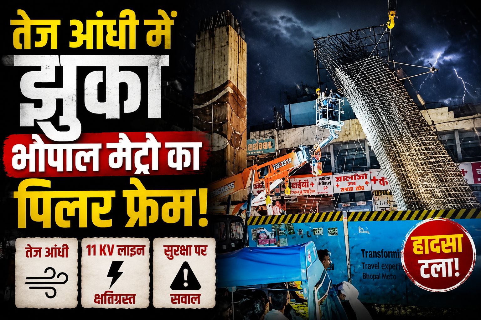 भोपाल मेट्रो का भारी फ्रेम आंधी में झुका, 11 केवी लाइन टूटी, सुरक्षा इंतजामों पर उठे सवाल