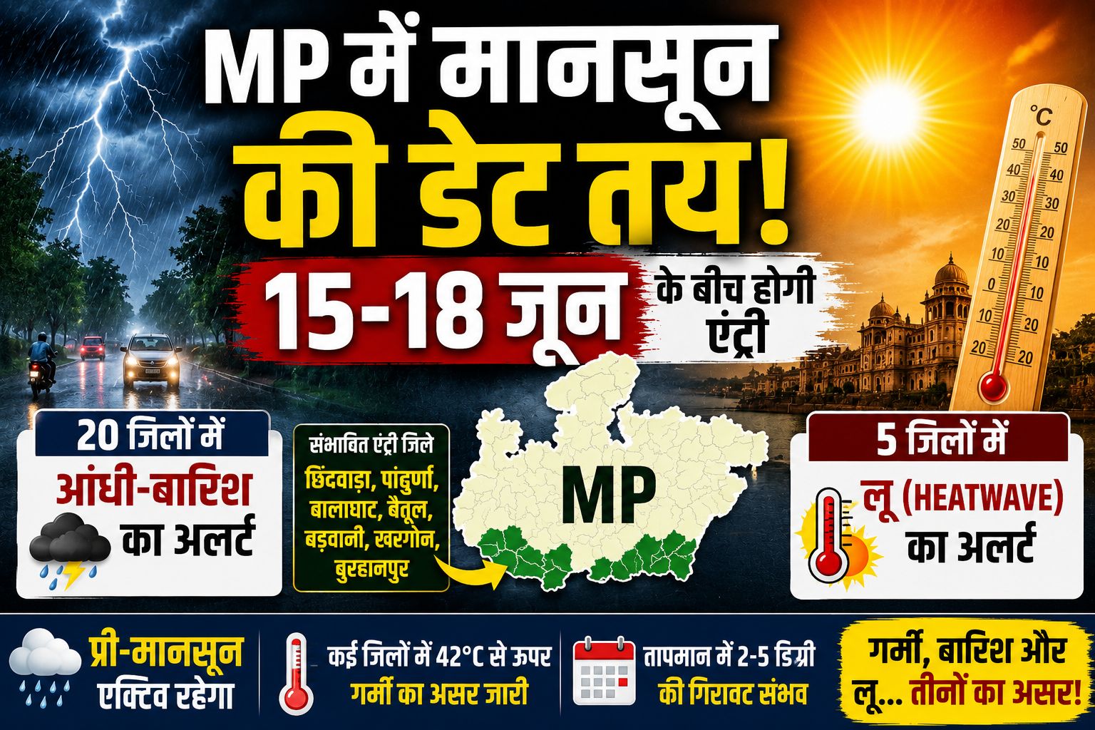MP Monsoon 2026: 15-18 जून के बीच होगी मानसून की एंट्री, पहले आंधी-बारिश और लू का डबल अलर्ट