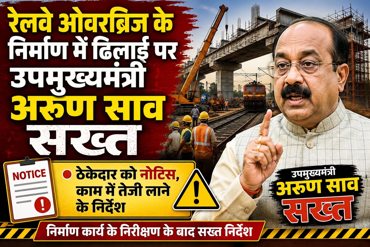 रेलवे ओवरब्रिज के निर्माण की धीमी प्रगति पर उपमुख्यमंत्री अरुण साव नाराज, ठेकेदार को नोटिस