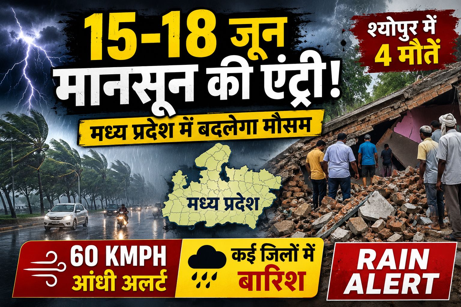 मध्य प्रदेश मानसून अपडेट: तेज हुई रफ्तार, 15-18 जून दस्तक संभव, श्योपुर में आंधी से 4 मौतें, कई जिलों में बारिश अलर्ट