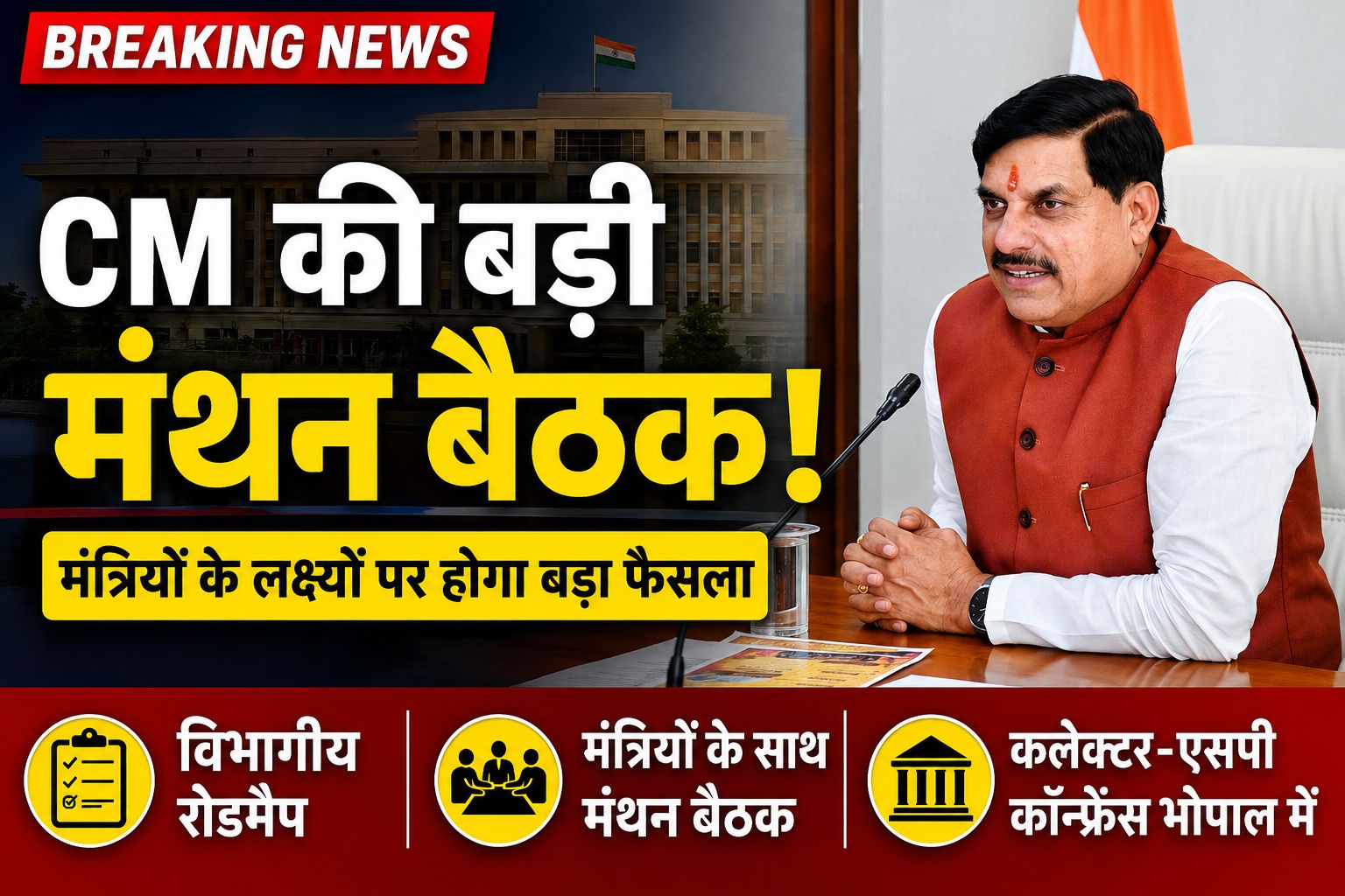 CM मोहन यादव करेंगे मंत्रियों के साथ मंथन, विभागों के रोडमैप पर होगा फैसला, अफसरों को भी बुलावा