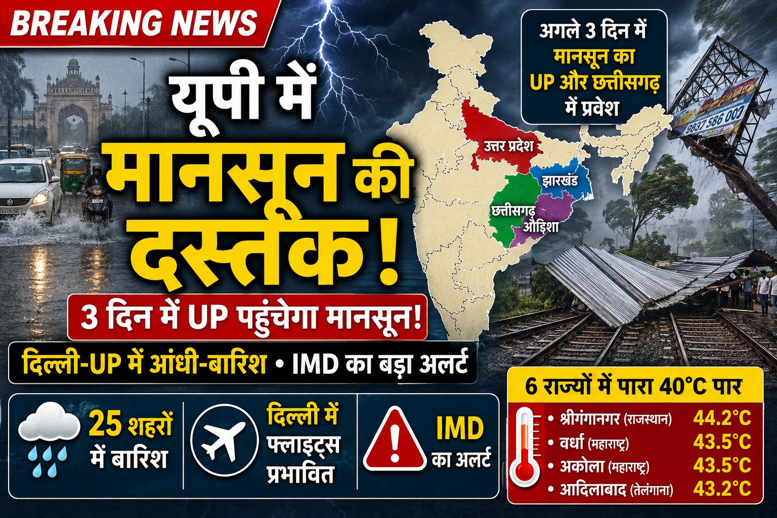 मानसून ने पकड़ी रफ्तार, यूपी-दिल्ली में मौसम बदला, अगले 48 घंटे में आंधी-बारिश का अलर्ट