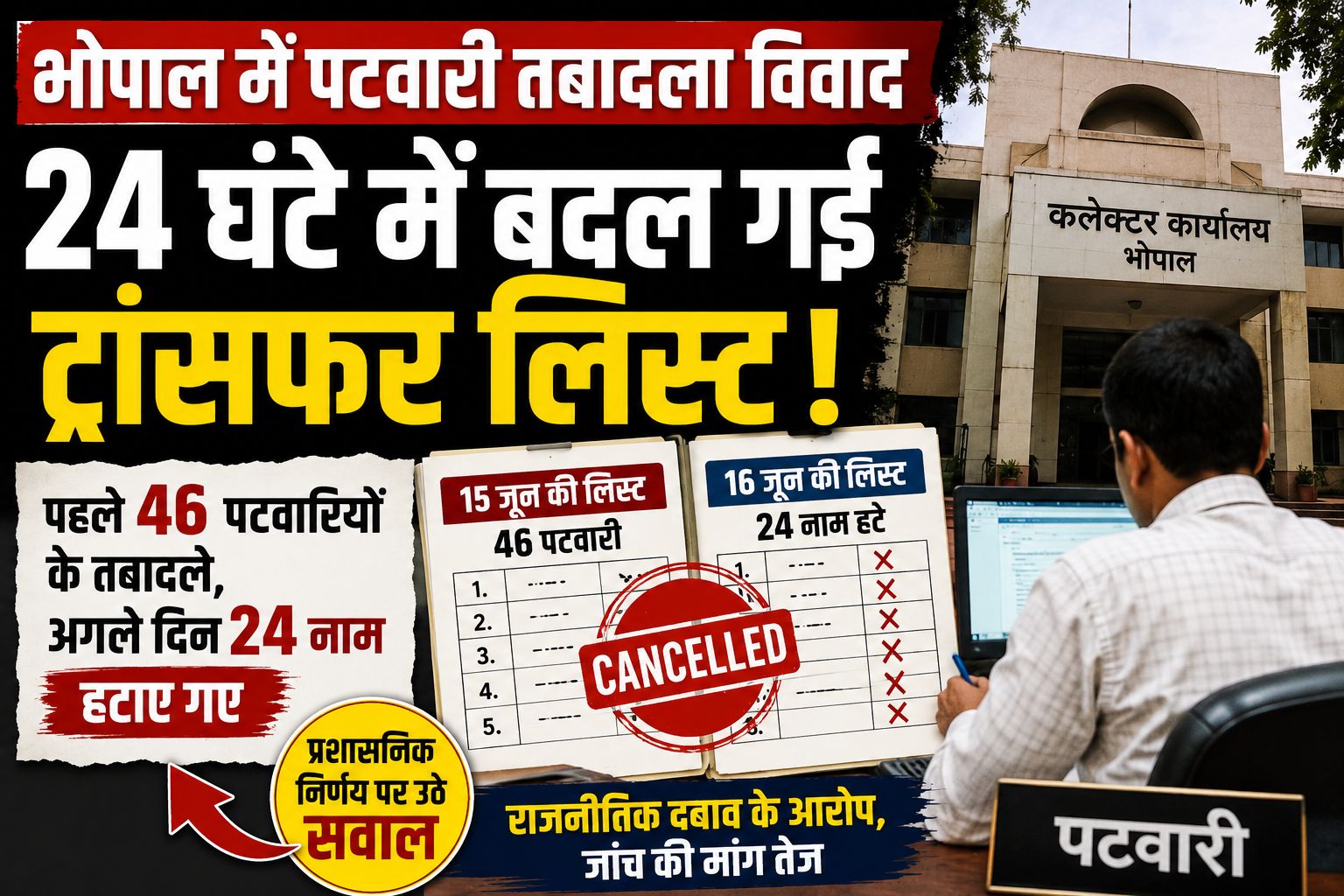 भोपाल पटवारी तबादला: 24 घंटे में बदल गई लिस्ट, 46 में से 24 नाम हटे