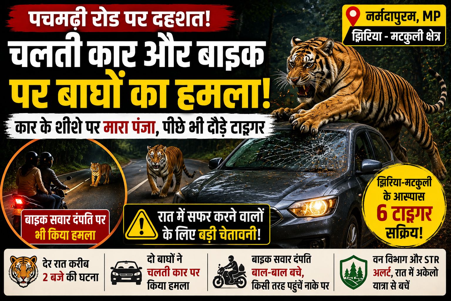 पचमढ़ी मार्ग पर खतरा! झिरिया-मटकुली के बीच 6 टाइगर सक्रिय, कार और बाइक का किया पीछा, वन विभाग ने जारी की चेतावनी