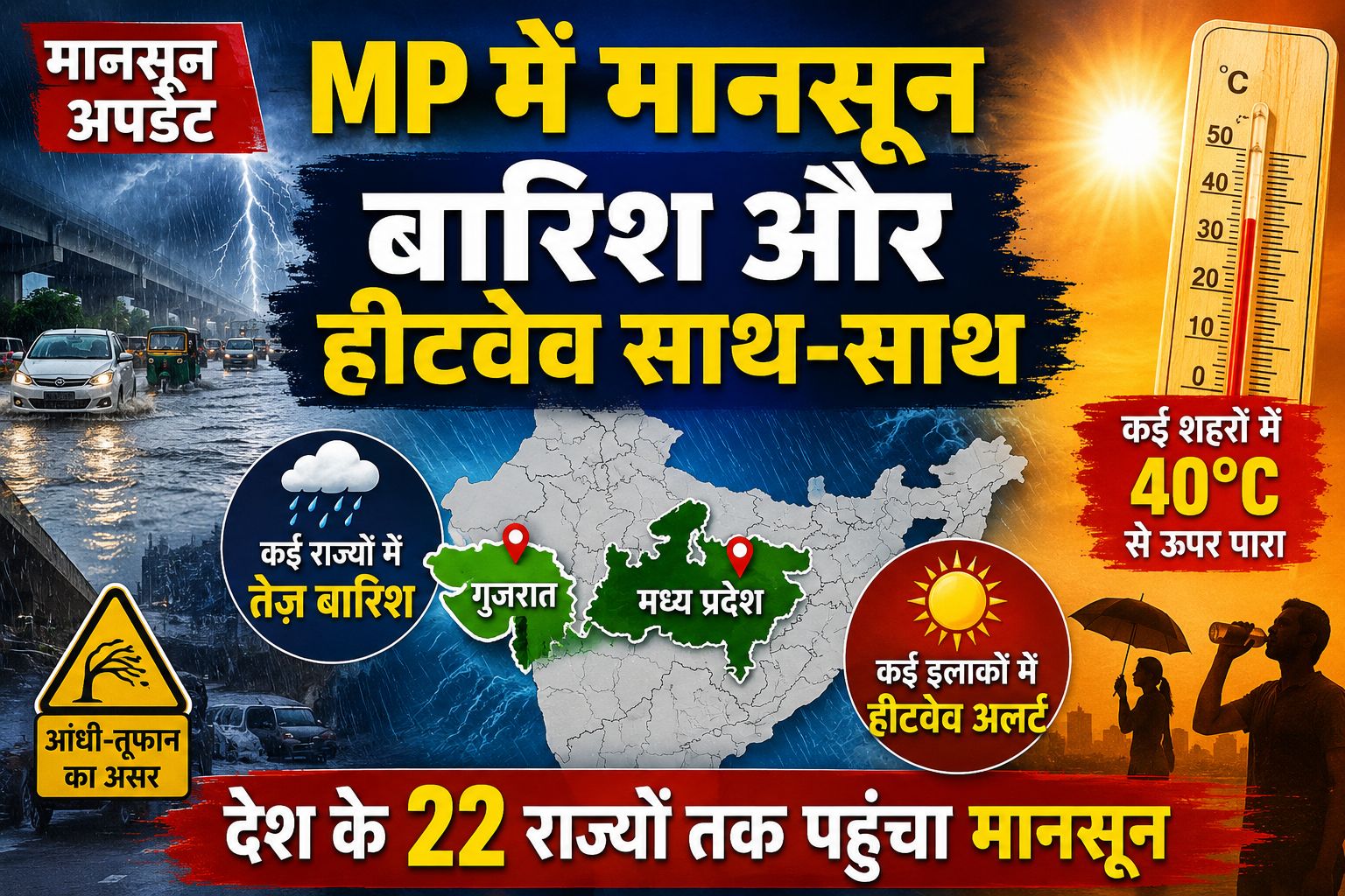 मानसून अपडेट: देश के 22 राज्यों तक पहुंचा मानसून, कई जगह तेज बारिश तो कई शहरों में 40°C से ऊपर तापमान