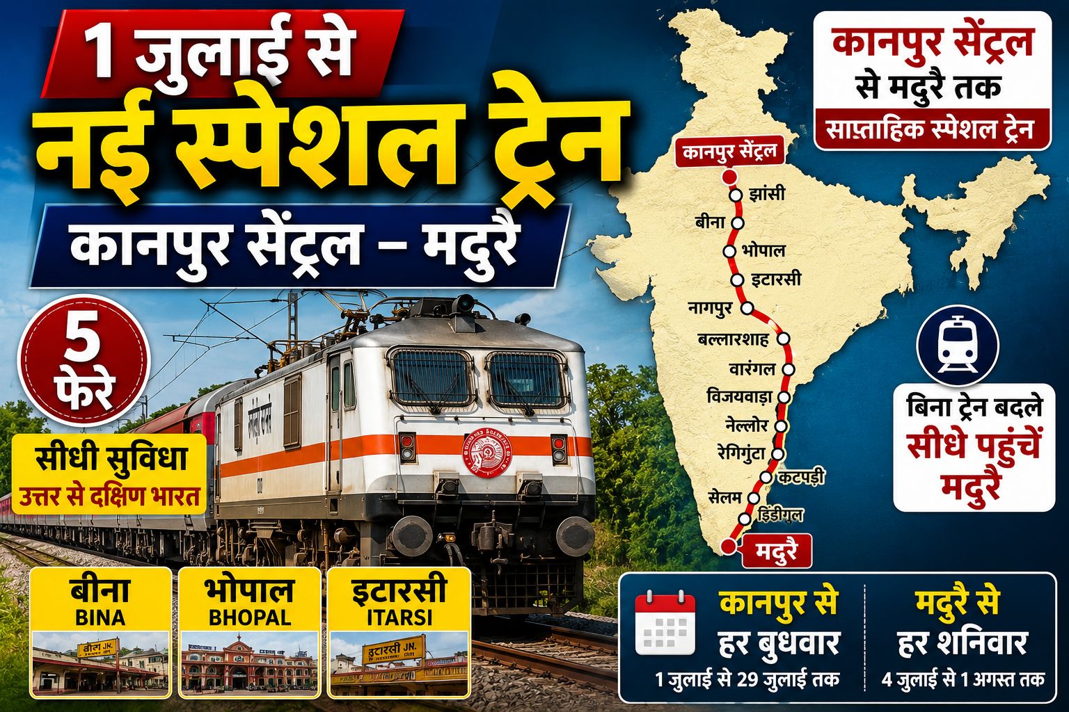 कानपुर-मदुरै स्पेशल ट्रेन 1 जुलाई से शुरू, भोपाल-इटारसी के यात्रियों को मिलेगी सीधी सुविधा
