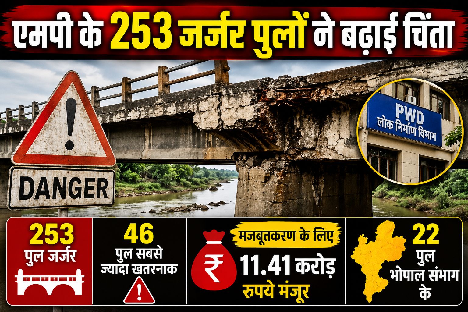मध्य प्रदेश के 253 पुलों पर खतरे की घंटी, PWD रिपोर्ट में 46 पुल सबसे ज्यादा जोखिम वाले