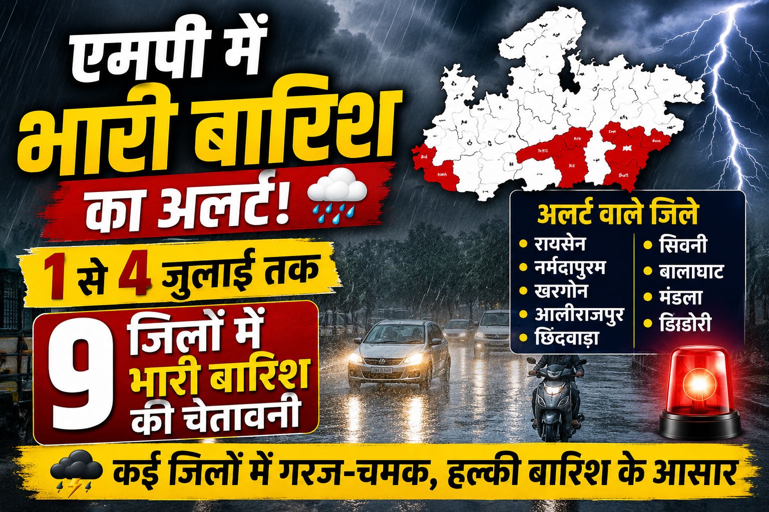 MP Weather Alert: 1 से 4 जुलाई तक 9 जिलों में भारी बारिश की चेतावनी, कई इलाकों में गरज-चमक के साथ बरसेंगे बादल