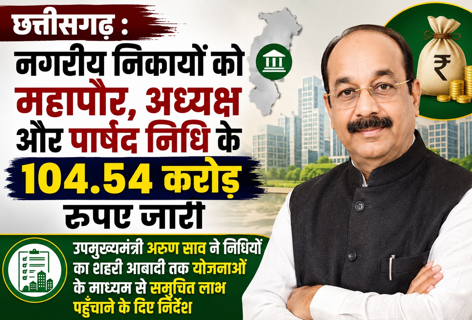छत्तीसगढ़ : नगरीय निकायों को महापौर, अध्यक्ष और पार्षद निधि के 104.54 करोड़ रुपए जारी, उपमुख्यमंत्री अरुण साव ने दिए ये निर्देश…