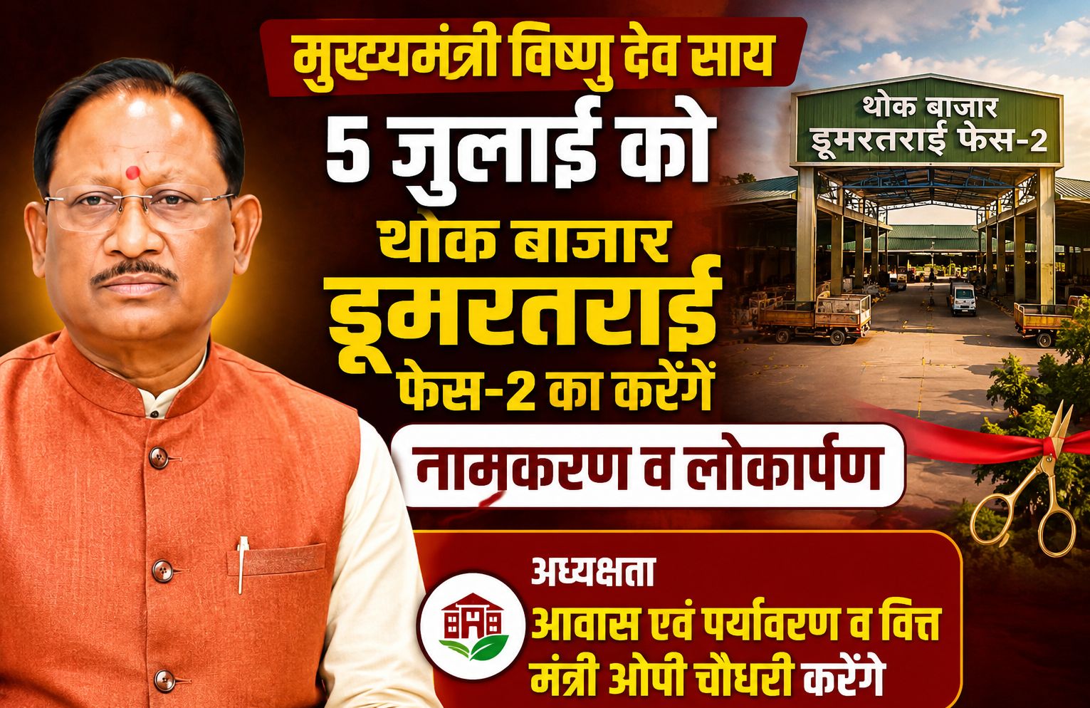 मुख्यमंत्री विष्णु देव साय 5 जुलाई को थोक बाजार डूमरतराई फेस-2 का करेंगे नामकरण व लोकार्पण