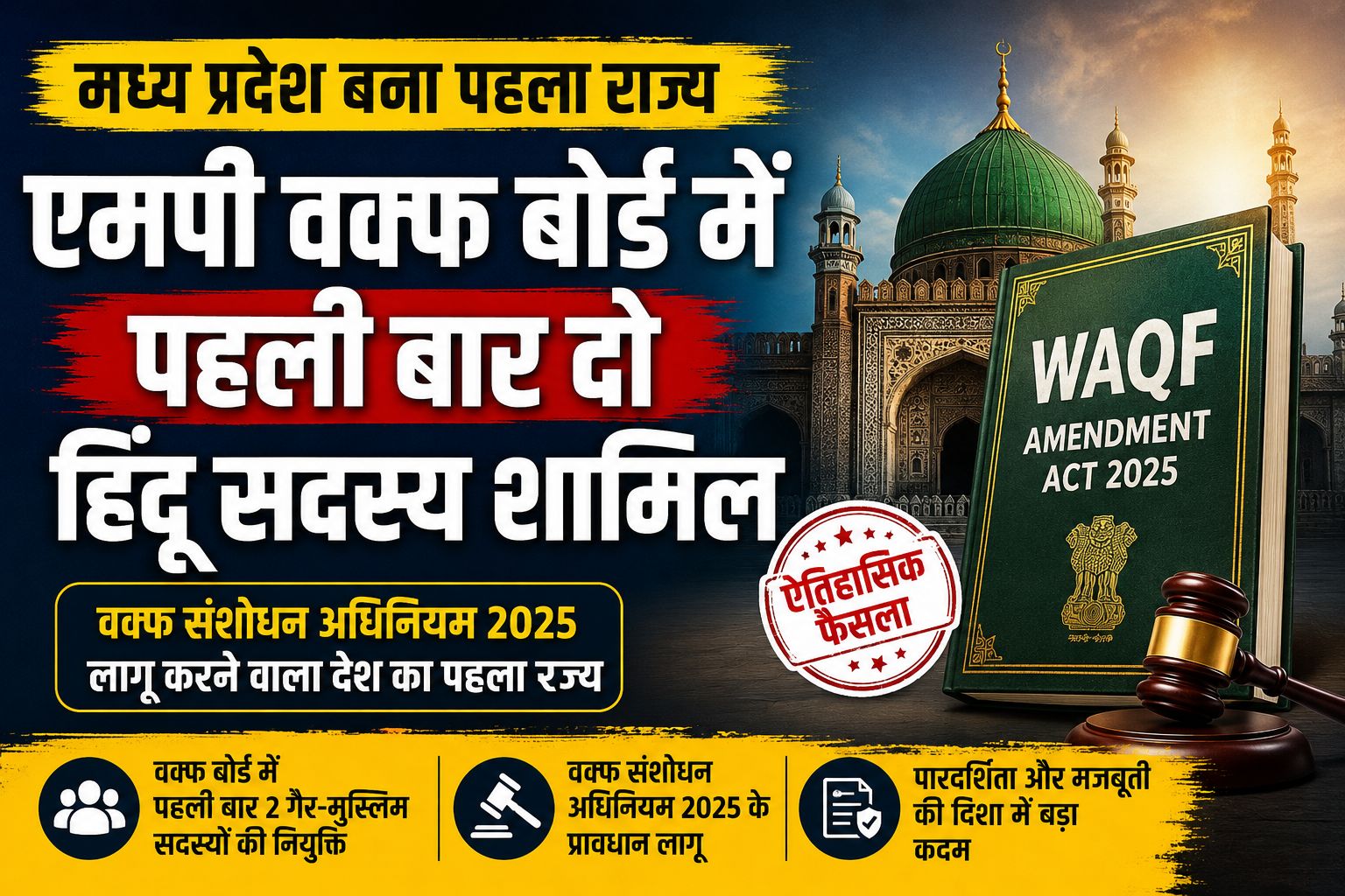 एमपी बना वक्फ संशोधन अधिनियम 2025 लागू करने वाला पहला राज्य, एमपी वक्फ बोर्ड में पहली बार दो हिंदू सदस्य शामि, जाने उनके बारेमें