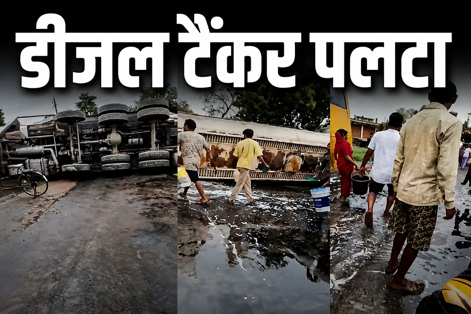सिंगरौली में पलटा डीजल टैंकर, पुलिस रोकती रही लेकिन बाल्टी-डिब्बे लेकर पहुंच गए सैकड़ों लोग