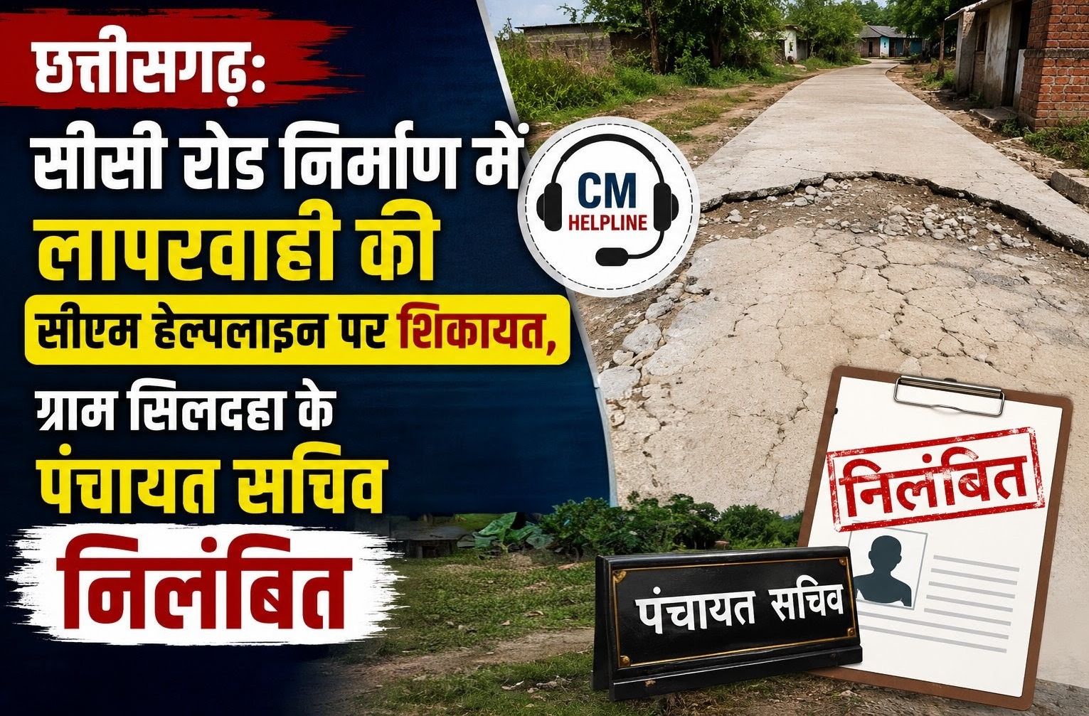 सीसी रोड निर्माण में लापरवाही की सीएम हेल्पलाइन पर शिकायत, ग्राम सिलदहा के पंचायत सचिव निलंबित