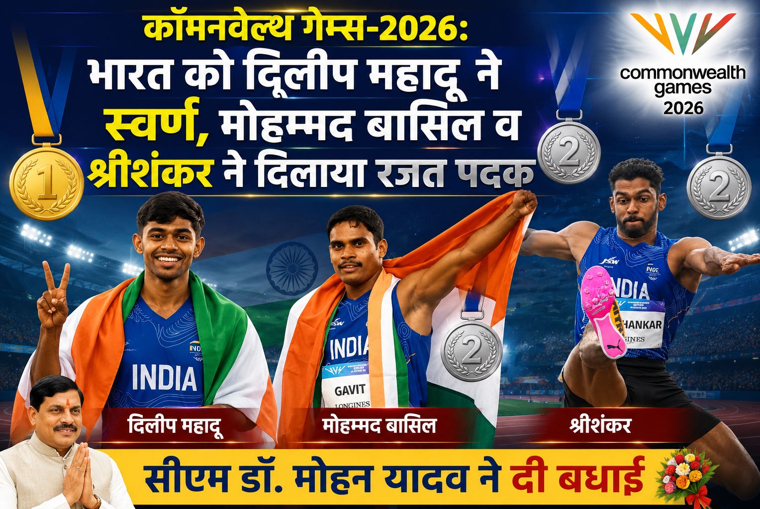 कॉमनवेल्थ गेम्स-2026: भारत को दिलीप महादू ने स्वर्ण, मोहम्मद बासिल व श्रीशंकर ने दिलाया रजत पदक, सीएम डॉ. मोहन यादव ने दी बधाई