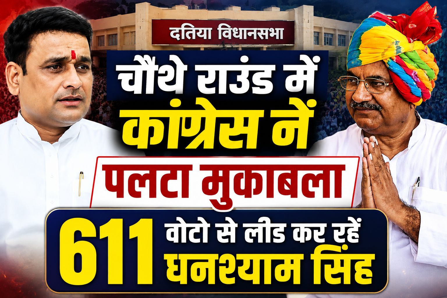 दतिया उपचुनाव 2026: चौथे राउंड के बाद कांग्रेस 611 वोट से आगे, शुरुआती बढ़त गंवाकर भाजपा पर बढ़ा दबाव