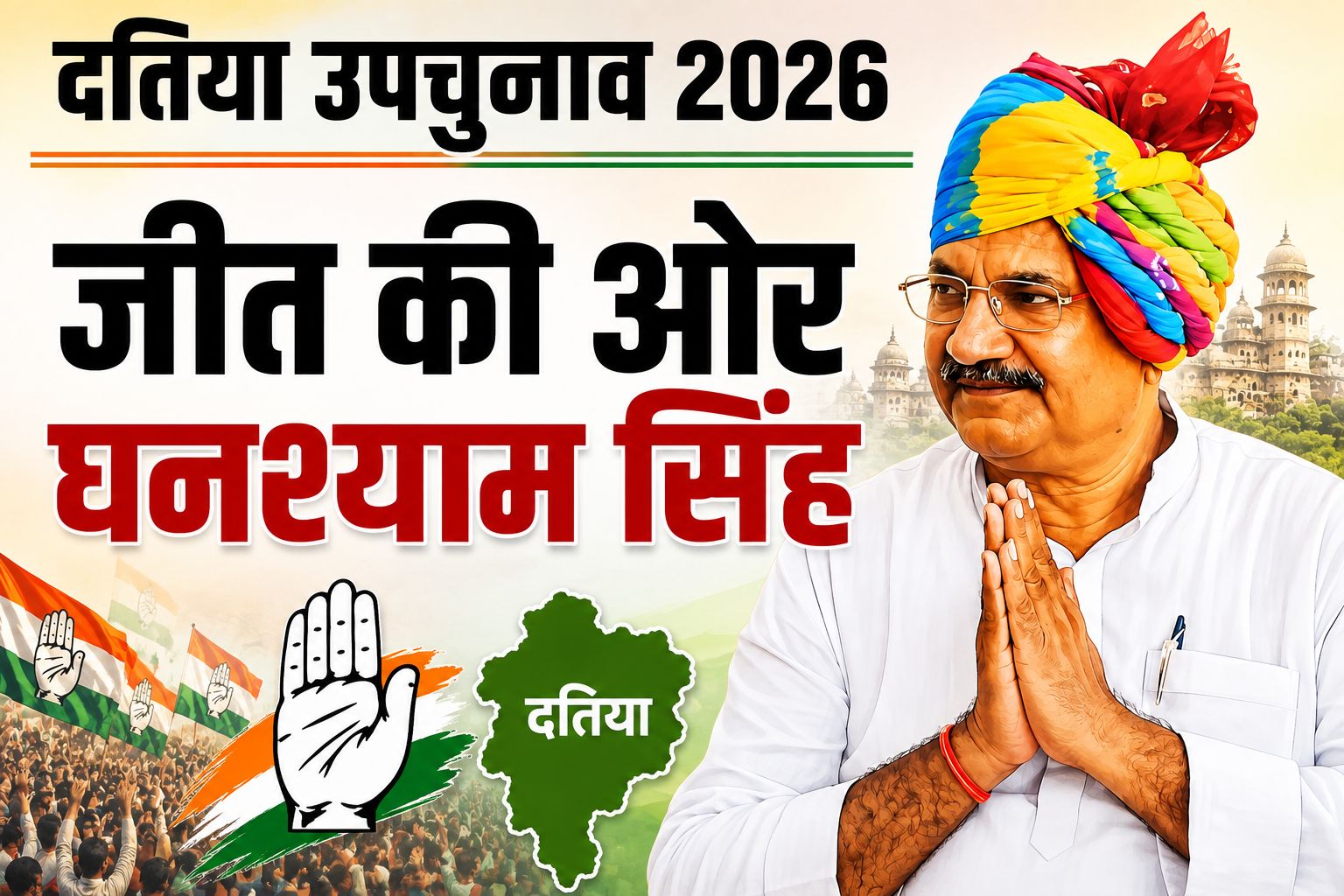 दतिया उपचुनाव 2026: 12वें राउंड के बाद कांग्रेस की बढ़त 13,542 वोटों की हुई, घनश्याम सिंह जीत की ओर