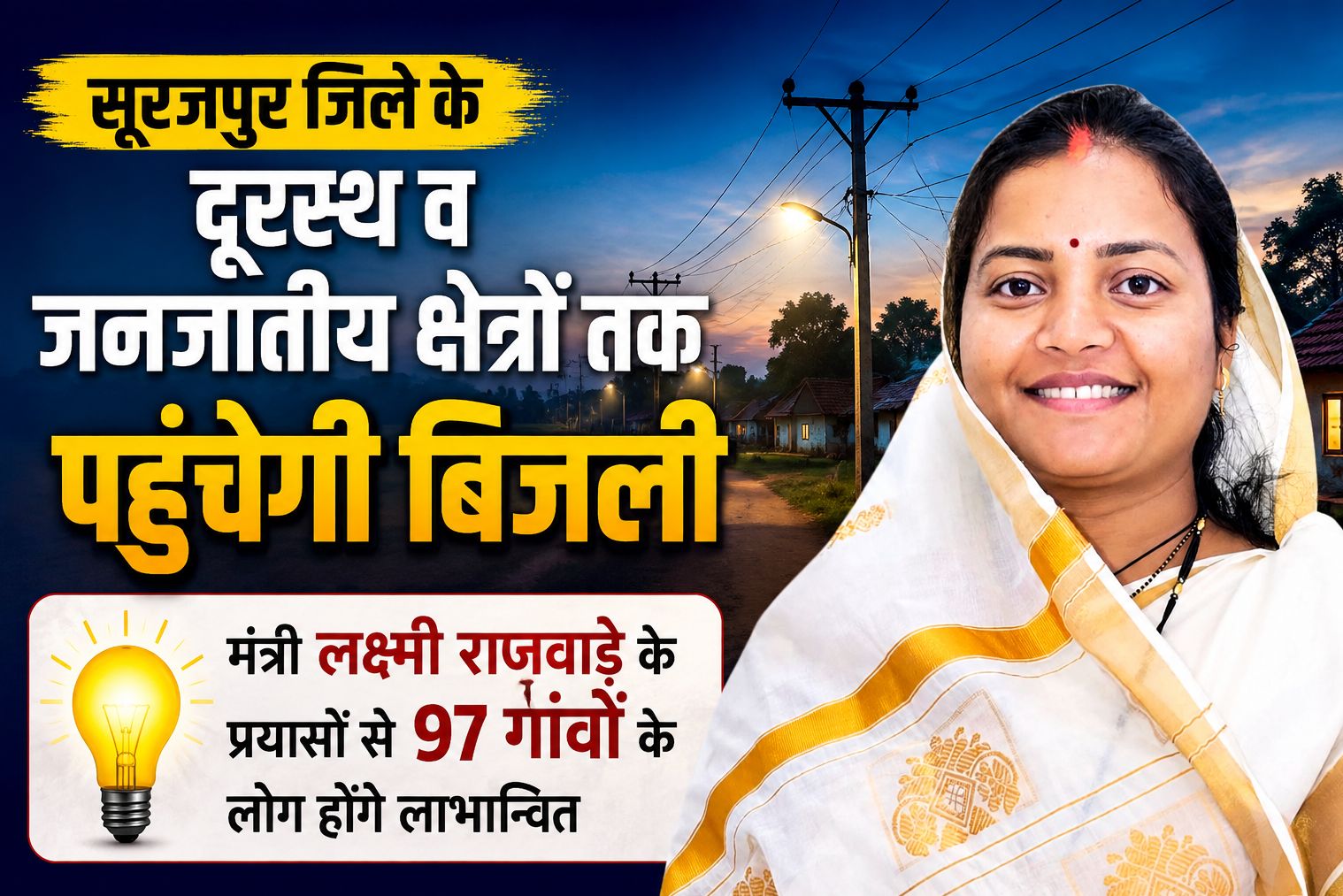 सूरजपुर जिले के दूरस्थ व जनजातीय क्षेत्रों तक पहुंचेगी बिजली, मंत्री लक्ष्मी राजवाड़े के प्रयासों से 97 गांवों के लोग होंगे लाभान्वित