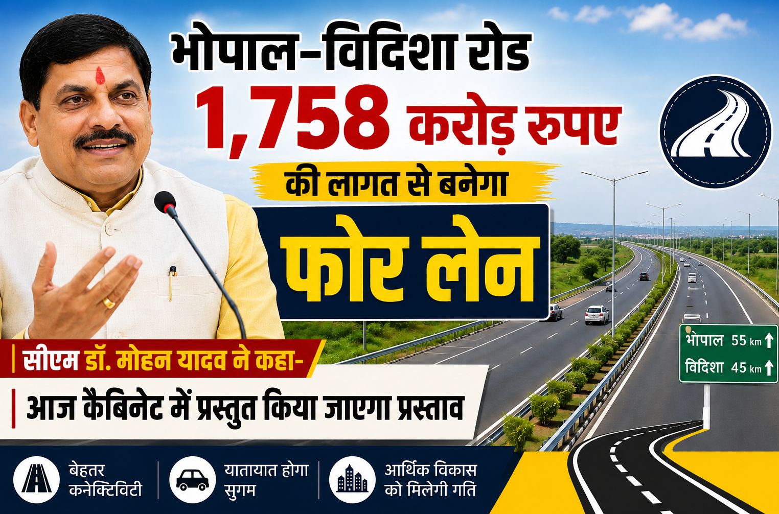 भोपाल–विदिशा रोड 1,758 करोड़ रुपए की लागत से बनेगा फोर लेन, सीएम डॉ. मोहन यादव ने कहा- आज कैबिनेट में प्रस्तुत किया जाएगा प्रस्ताव