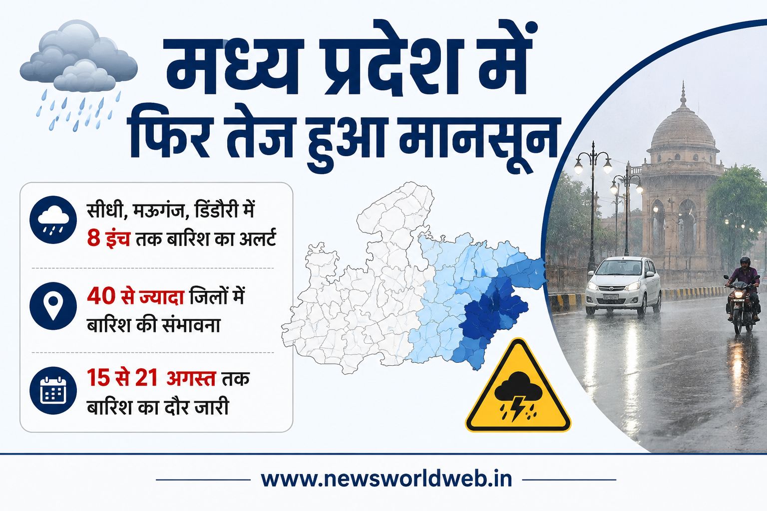 MP Rain Alert: सीधी, मऊगंज और डिंडौरी में अति भारी बारिश का अलर्ट, 40 से ज्यादा जिलों में तेज बारिश की संभावना