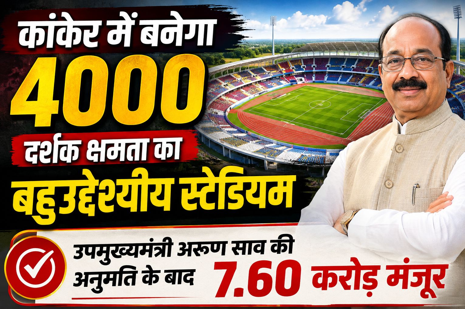 कांकेर में बनेगा 4000 दर्शक क्षमता का बहुउद्देश्यीय स्टेडियम, उपमुख्यमंत्री अरुण साव की अनुमति के बाद 7.60 करोड़ मंजूर