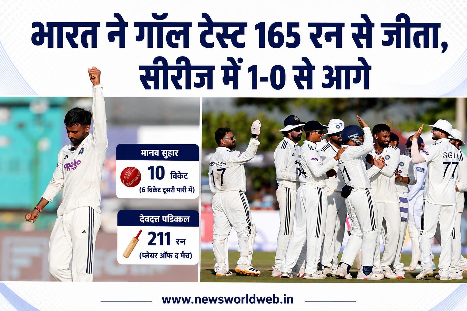 भारत ने गॉल टेस्ट में श्रीलंका को 165 रन से हराया, मानव सुथार के 10 विकेट और पडिक्कल के 211 रन से 1-0 की बढ़त