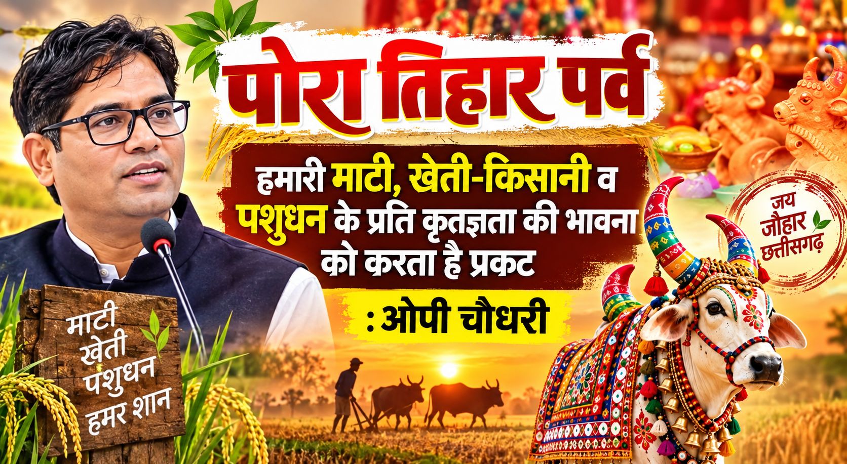 पोरा तिहार पर्व हमारी माटी, खेती-किसानी व पशुधन के प्रति कृतज्ञता की भावना को करता है प्रकट: ओपी चौधरी