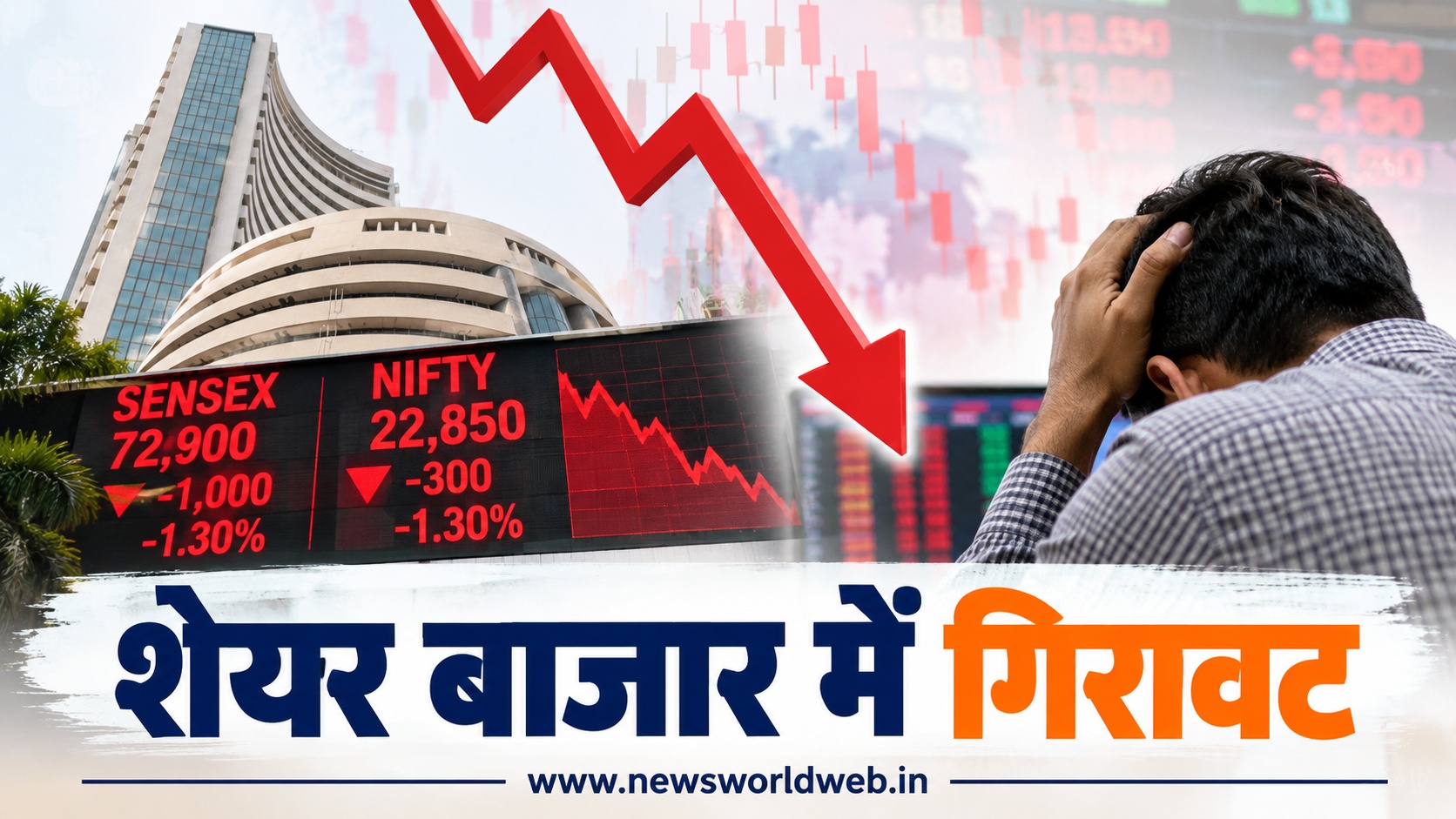 शेयर बाजार में बड़ी गिरावट, सेंसेक्स 1000 अंक टूटा, निफ्टी 22,850 के नीचे; जानें गिरावट की 3 बड़ी वजहें