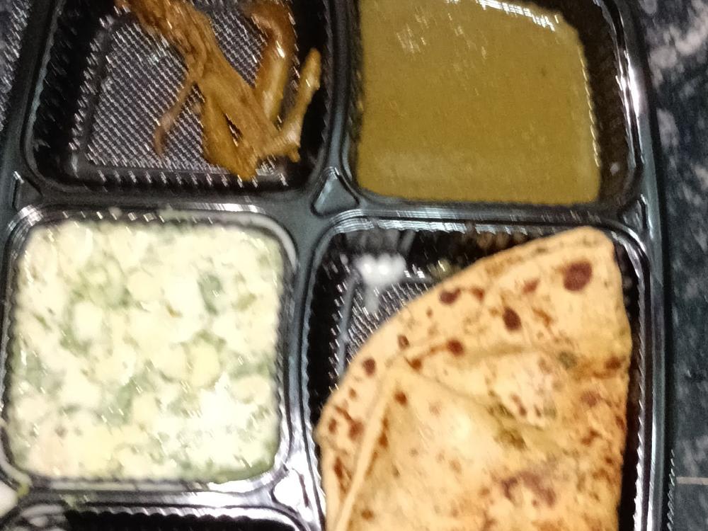 Two Aloo Pyaj bda Paratha with Raita, Achar, Salad
