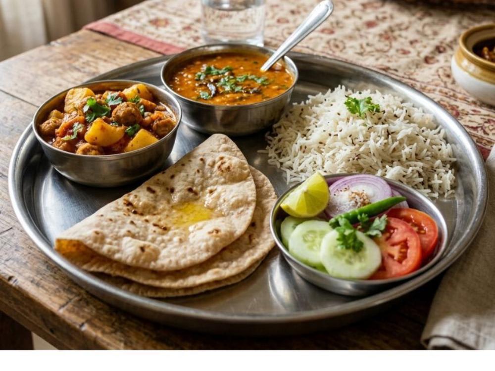 Aloo Soybean ki Sabzi Aur Roti, Salad Raita