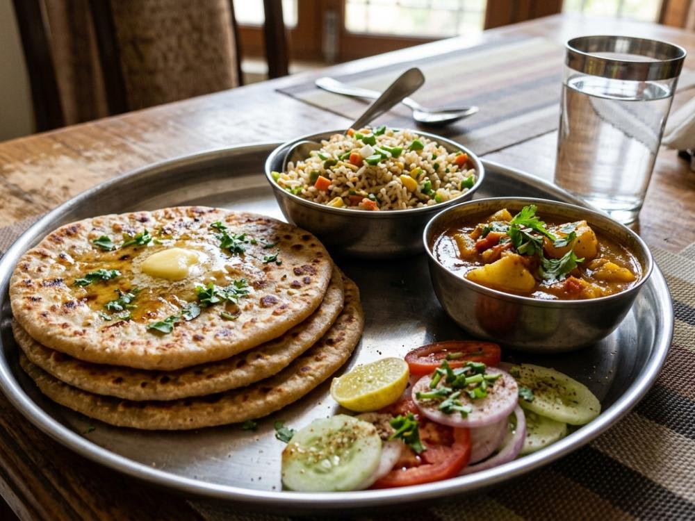 Aloo ke Paratha, Fried Rice, Aloo Tamatar ki Sabzi
