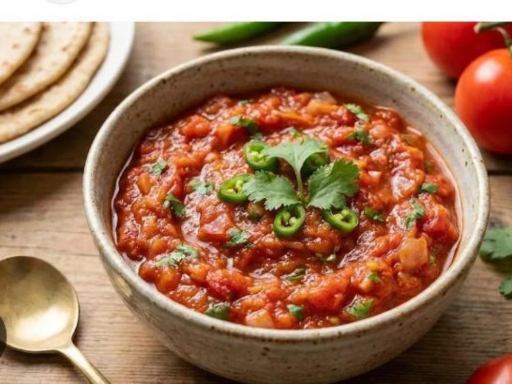 Tamatar ka Bharta Roti Aur Salad with Chutney