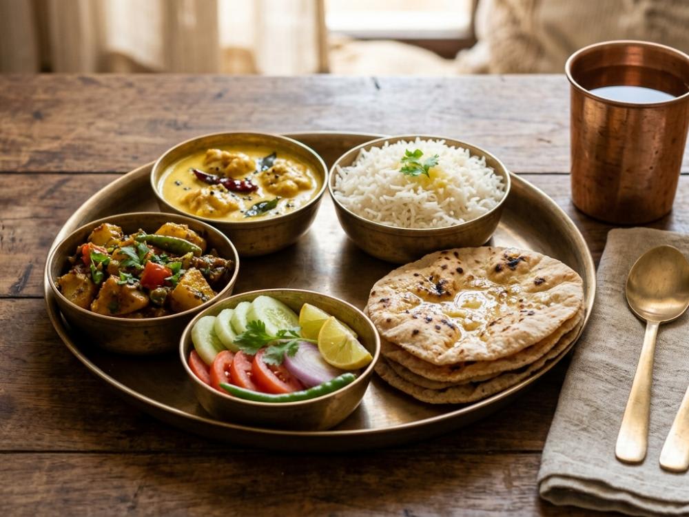 Kadhi Pakoda, Rice, Aloo Jeera ki Sabzi, Roti, Salad