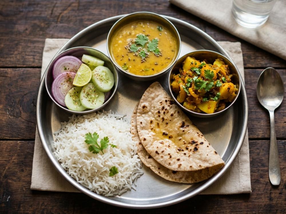 Aloo Pyaj ki Sabzi, Masoor ki Dal Rice Aur Roti, Salad