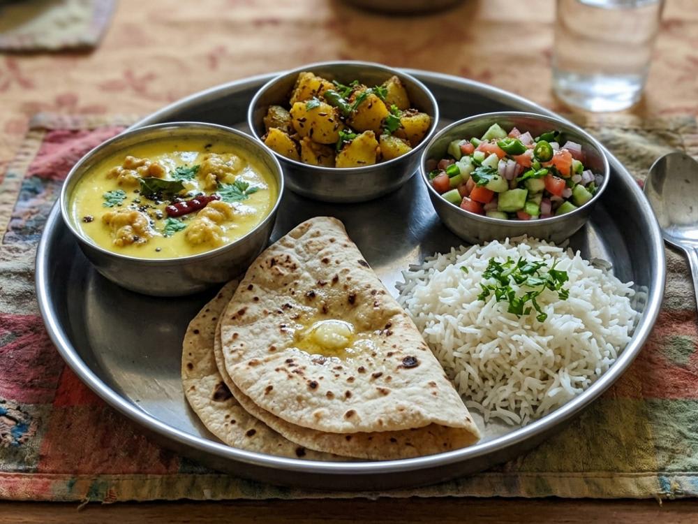 Kadi Pakoda Aloo Jeera Rice Roti Aur Salad