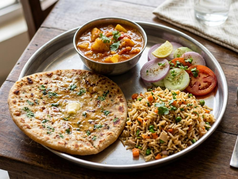 Aaloo paratha aaloo tamatar ki sabji aur fried rice or salad