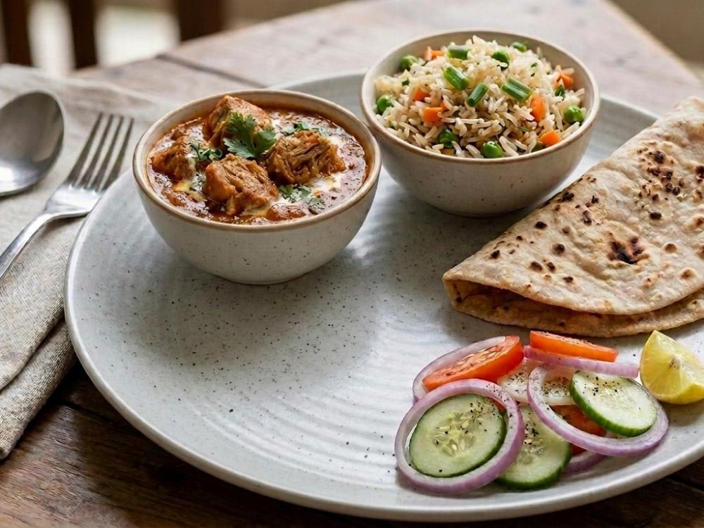 Chaap ki Sabzi, Roti and Salad and Fried Rice