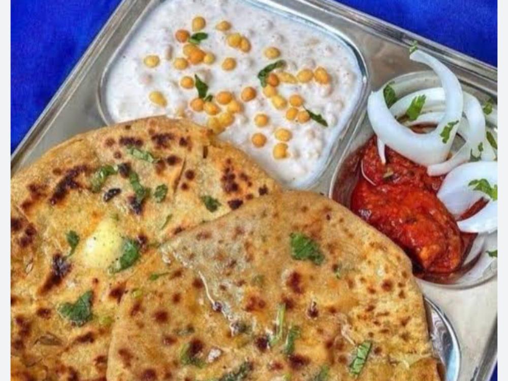 Two Aloo Pyaaz Paratha with Raita Sauce Achar